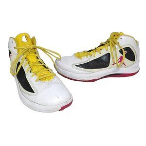 JORDAN Flywire white, red & yellow high top leather sneakers men's size 12